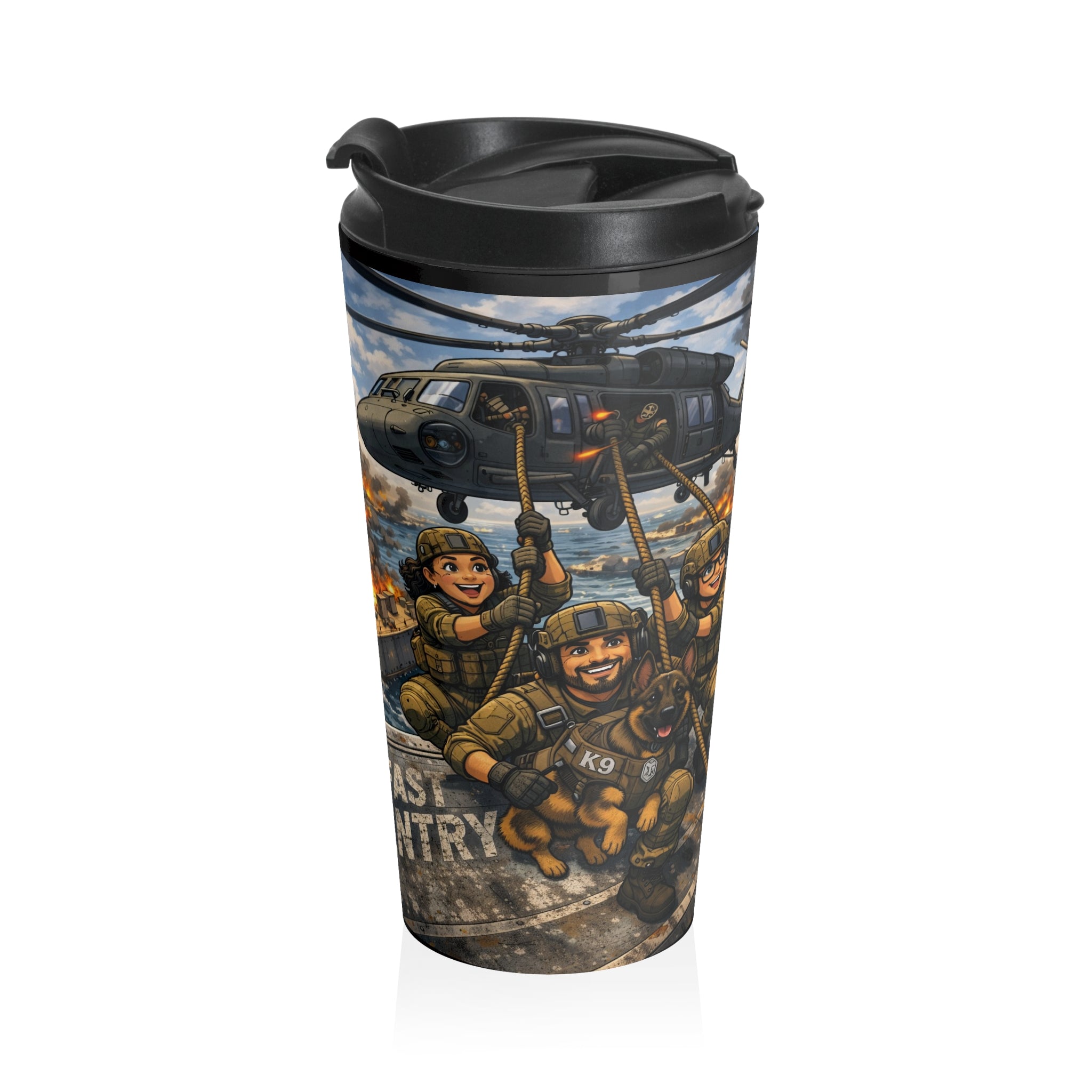 Military Aviation Travel Mug — Fast-Entry Troops Combat Scene Stainless Steel Tumbler