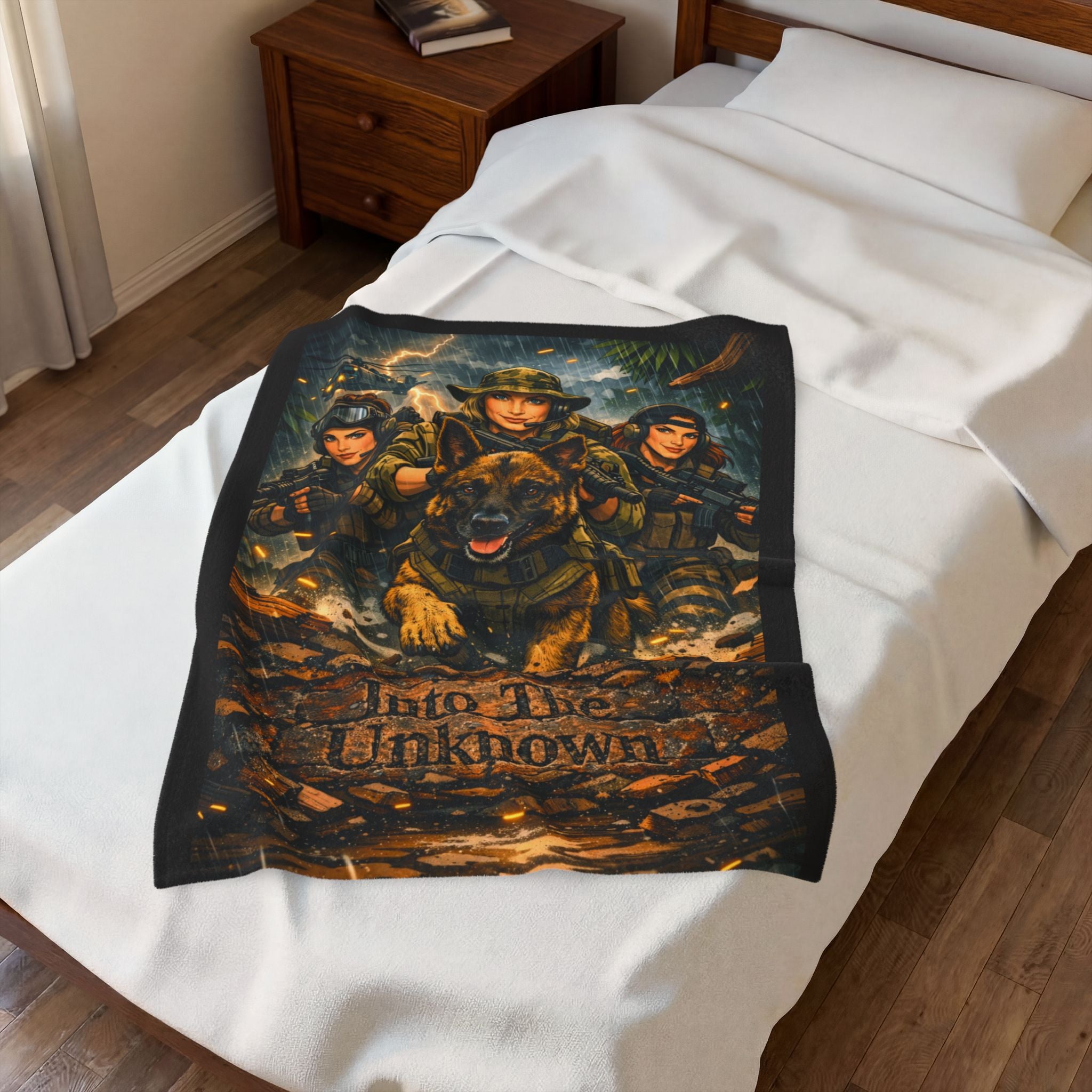 Into The Unknown Military Dog & Soldiers Velveteen Plush Blanket
