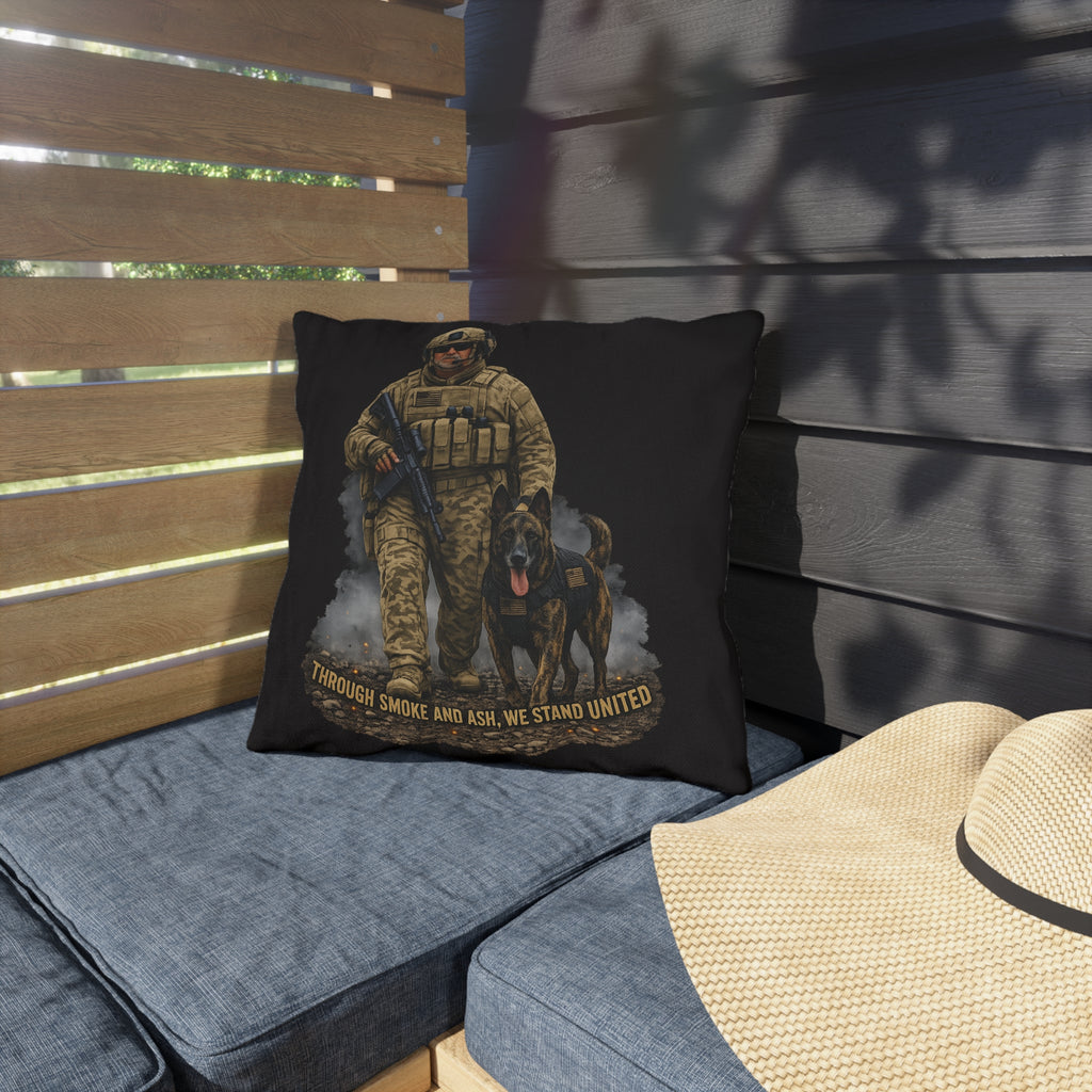 Tactical Soldier & K9 Outdoor Pillow — "Through Smoke and Ash, We Stand United"