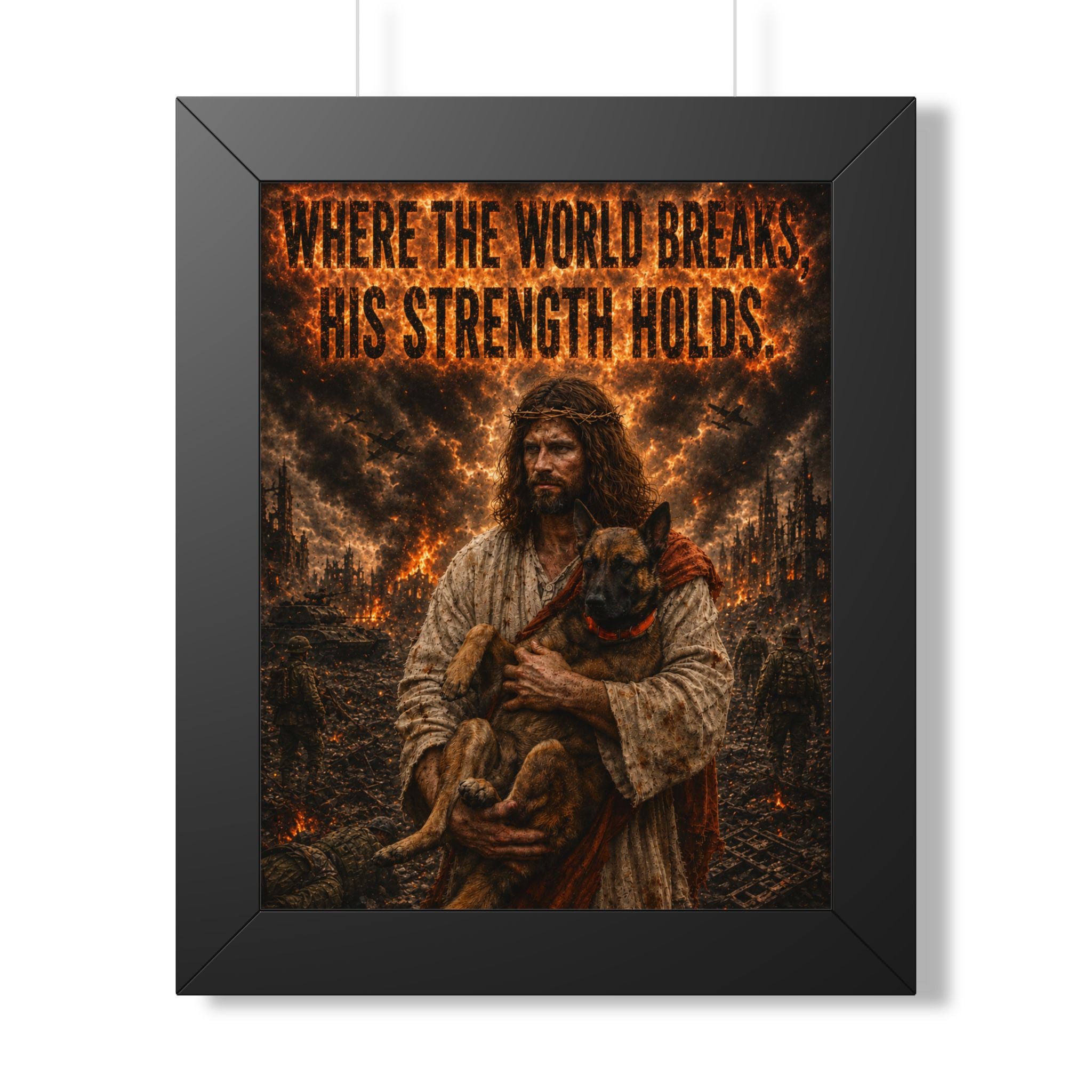 Framed Poster — "Where the World Breaks His Strength Holds" Inspirational Jesus Wall Art