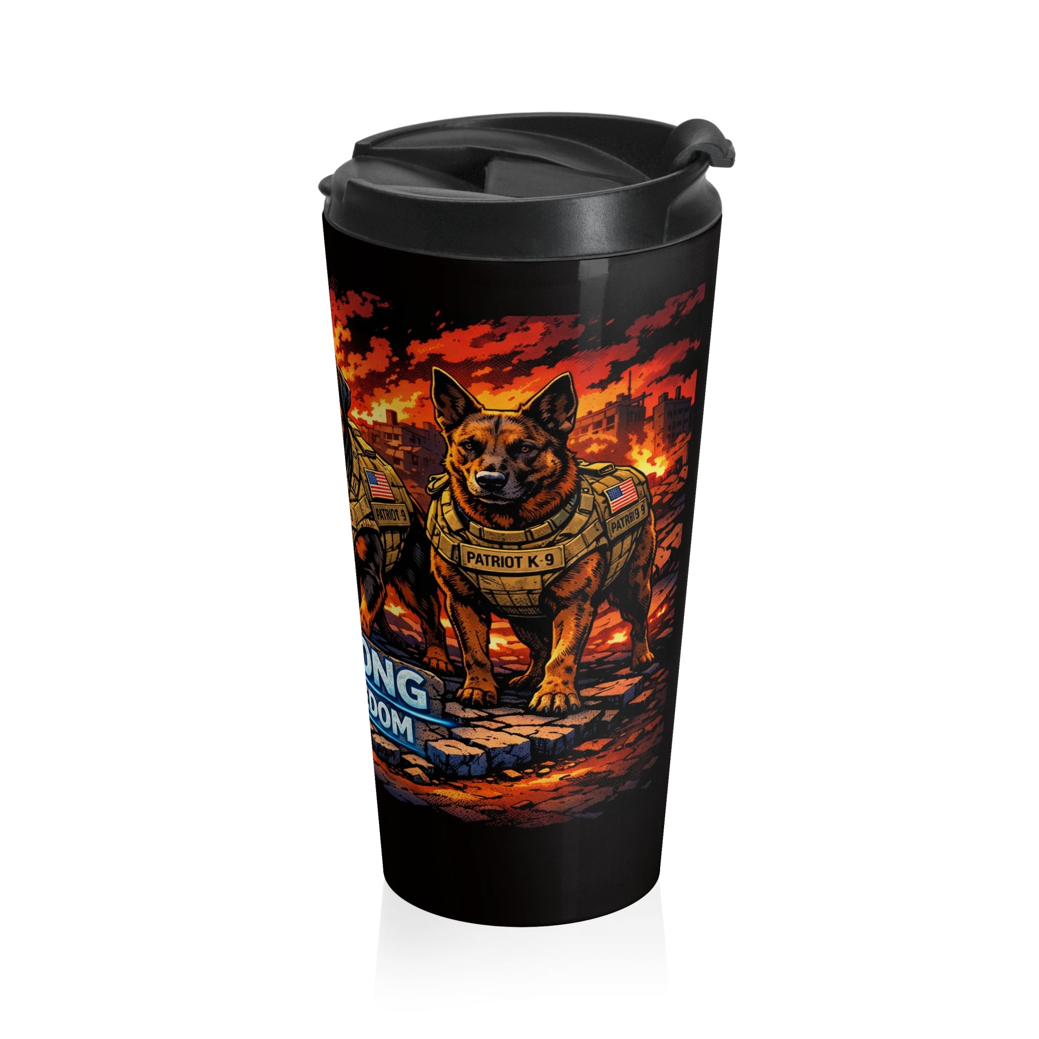 K9 Strong Stainless Steel Travel Mug — "Paws of Freedom" Military Working Dog Design