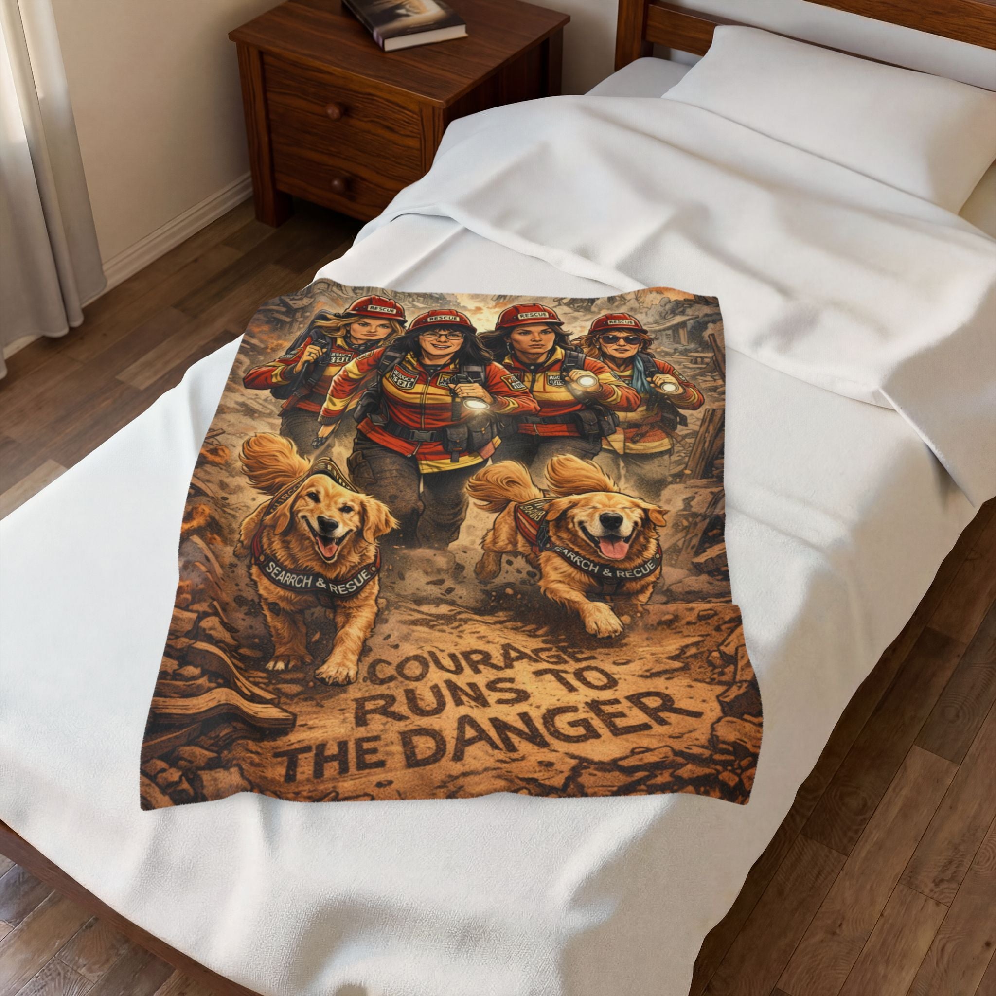 Search & Rescue Firefighter Blanket — "Courage Runs to the Danger" Velveteen Throw