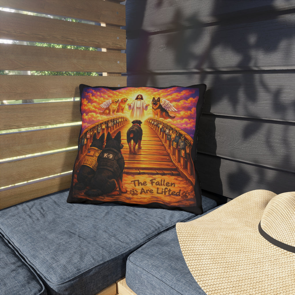 Memorial K-9 Outdoor Pillow — "The Fallen Are Lifted" Dog Tribute Cushion
