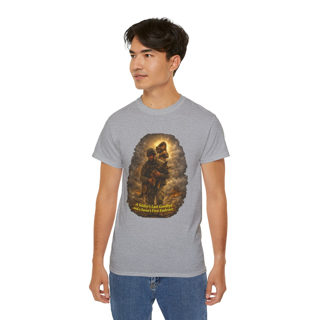 T-Shirt — "A Soldier's Last Goodbye and a Savior's First Embrace" Patriotic Military Tribute