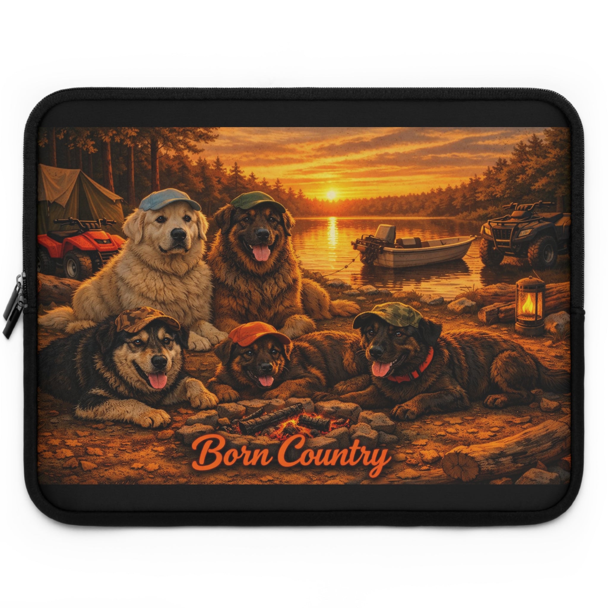 Born Country Camping Dogs Laptop Sleeve — Rustic Sunset Pet Lover Protective Case