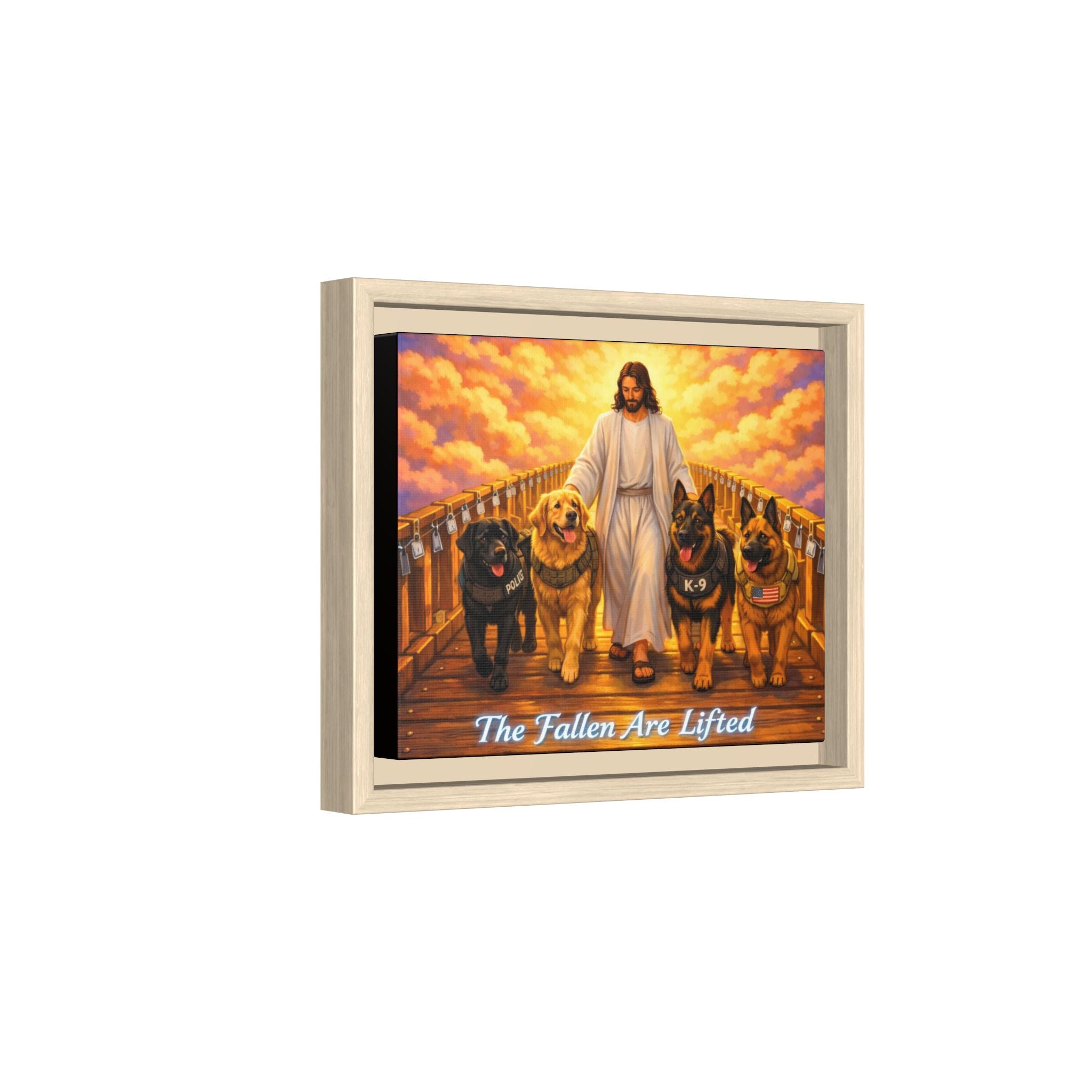 Framed Canvas Wall Art – “The Fallen Are Lifted” Jesus with K-9 Dogs Memorial Print