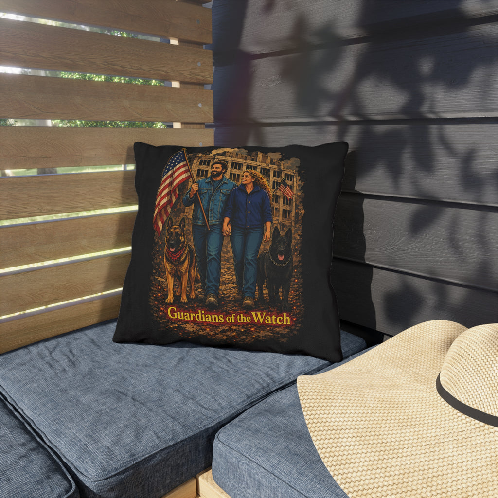 Outdoor Pillow — "Guardians of the Watch" Patriotic Couple with German Shepherds