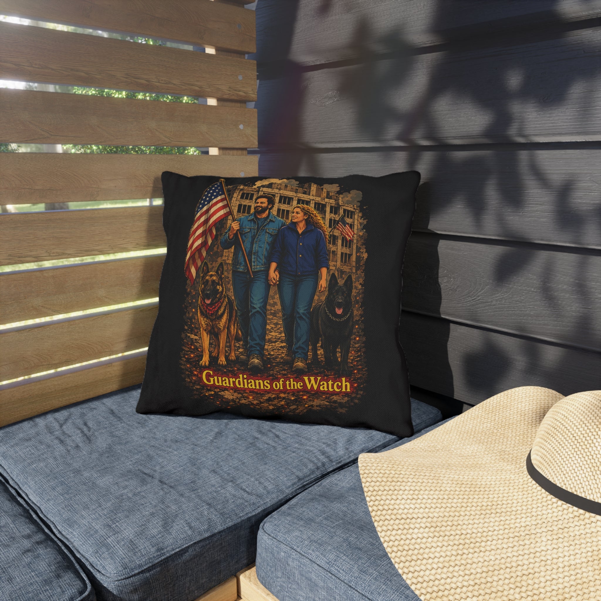 Outdoor Pillow — "Guardians of the Watch" Patriotic Couple with German Shepherds
