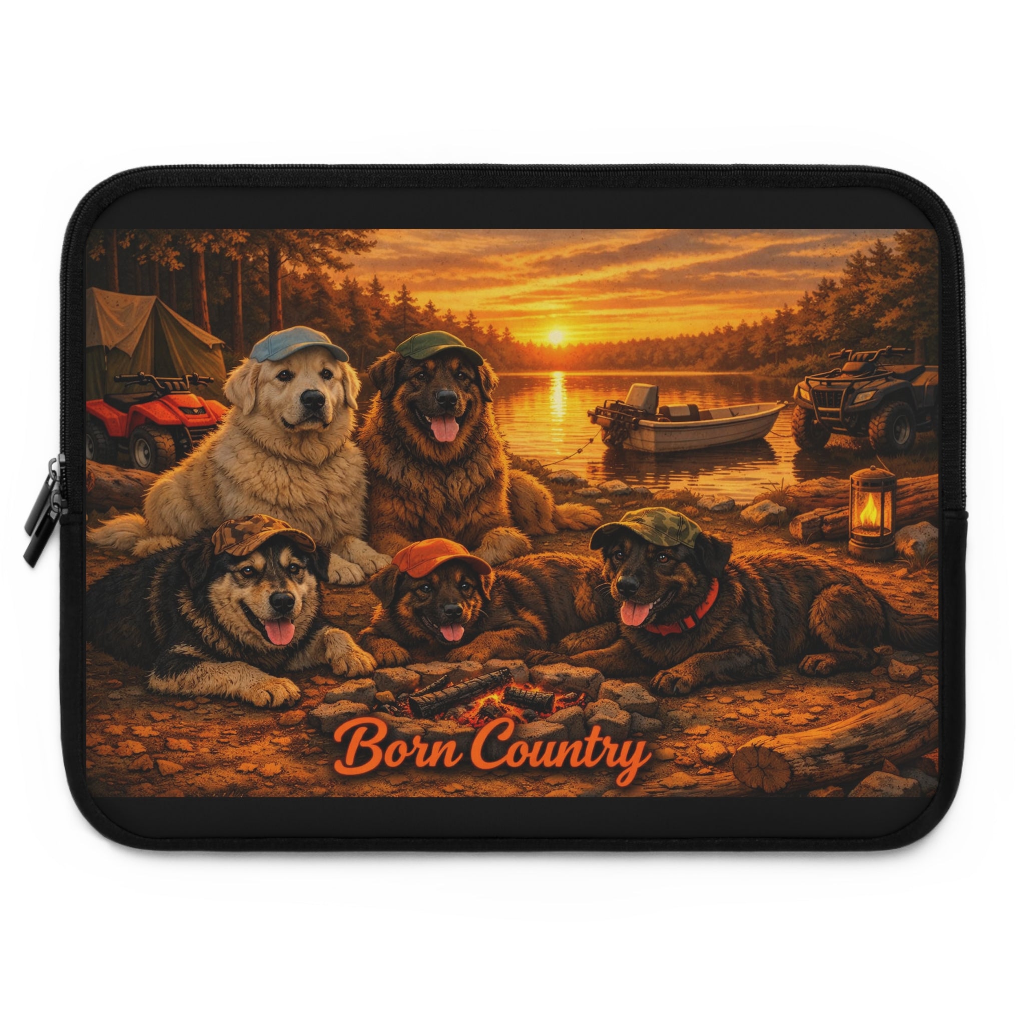 Born Country Camping Dogs Laptop Sleeve — Rustic Sunset Pet Lover Protective Case