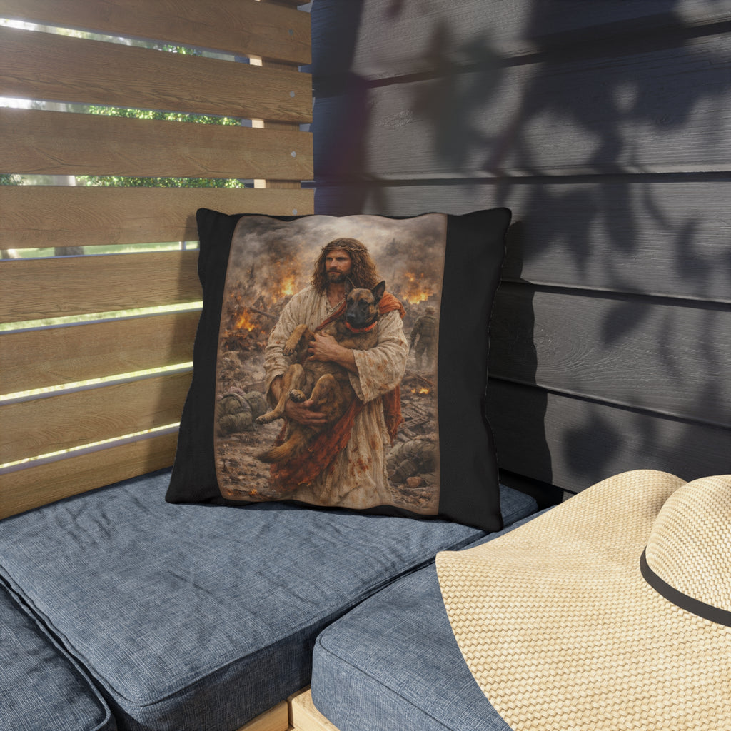 Religious Rescue Outdoor Pillow — Jesus Carrying Dog Memorial Accent Cushion