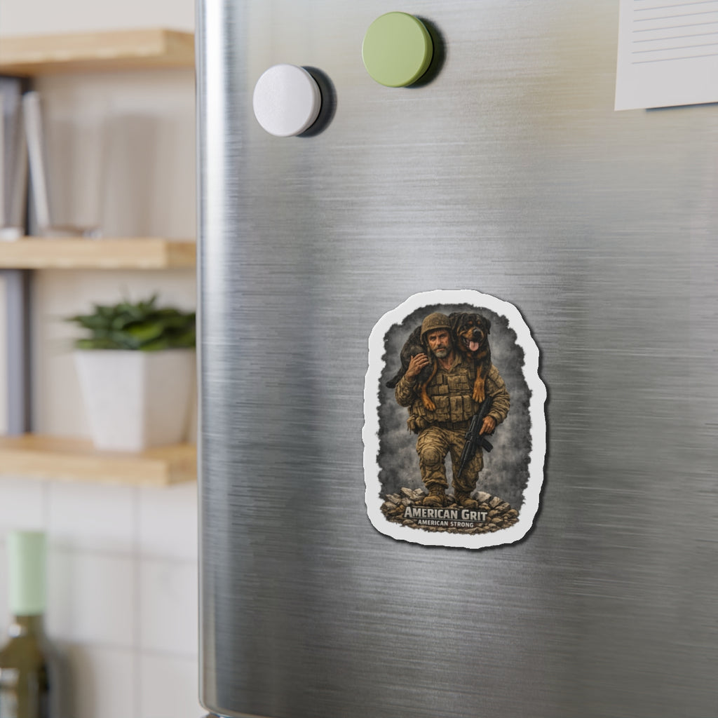 Die-Cut Magnet — "American Grit" Soldier Carrying Dog Military Tribute