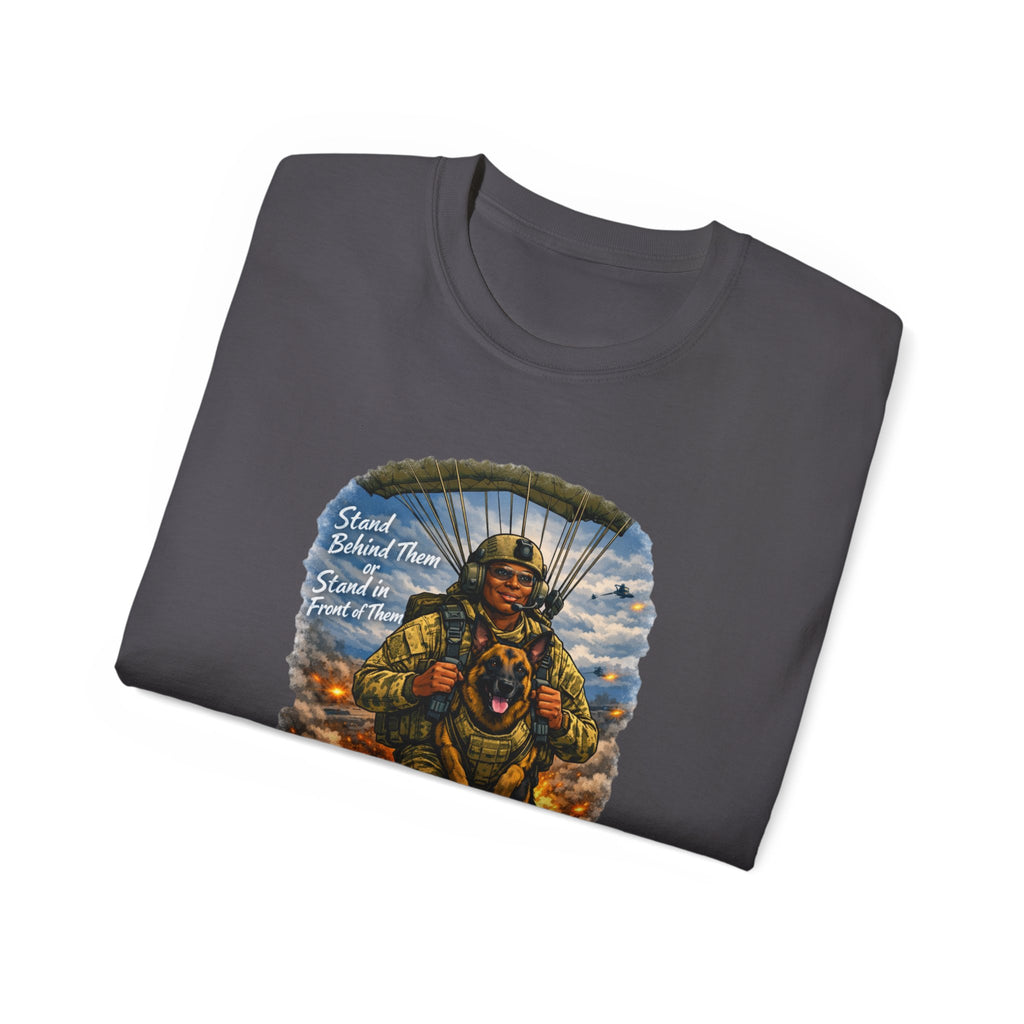 Paratrooper Veteran T‑Shirt – 'Stand Behind Those Who Served' Military Parachute Graphic Tee