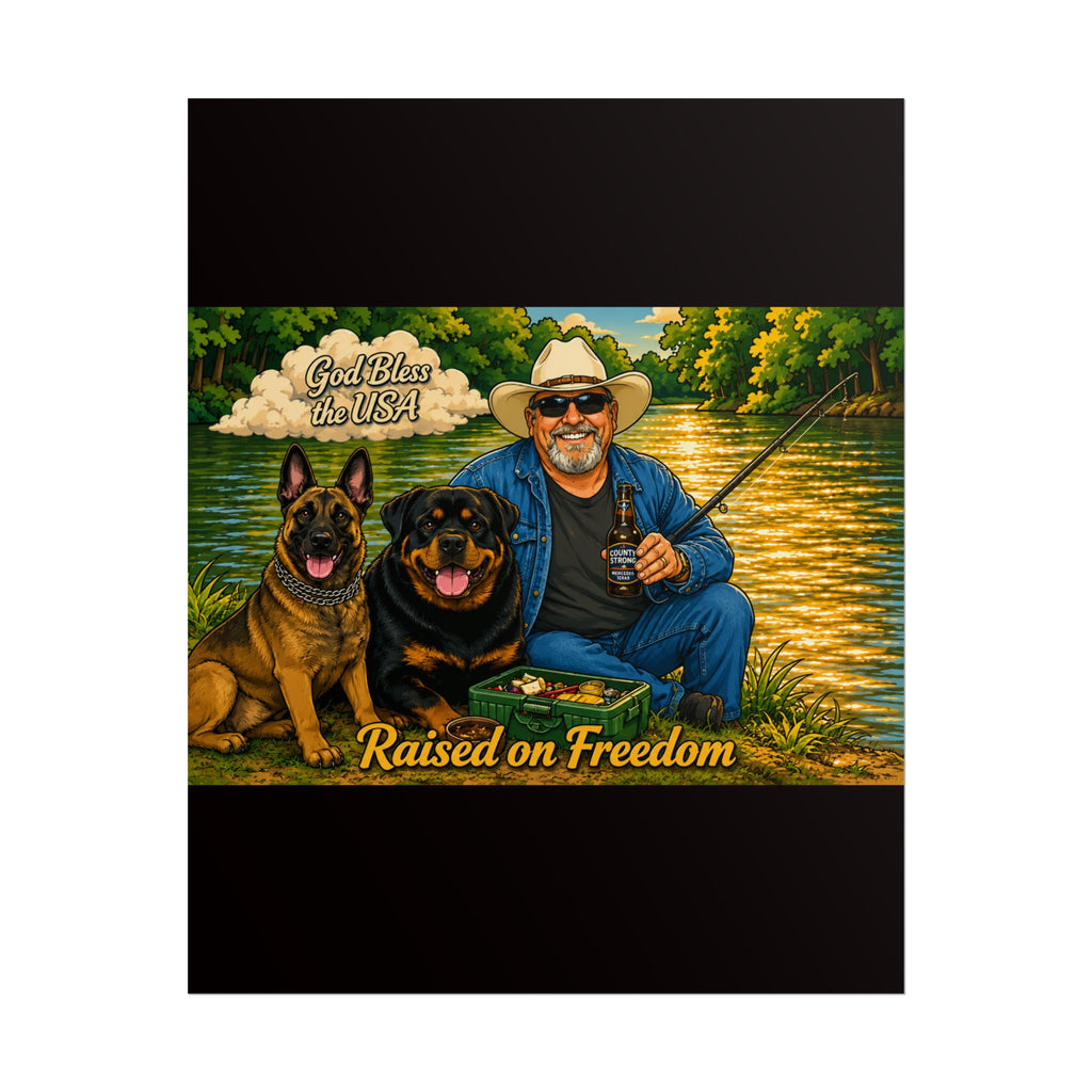 Raised on Freedom Poster — "God Bless the USA" Fishing Scene with Dogs