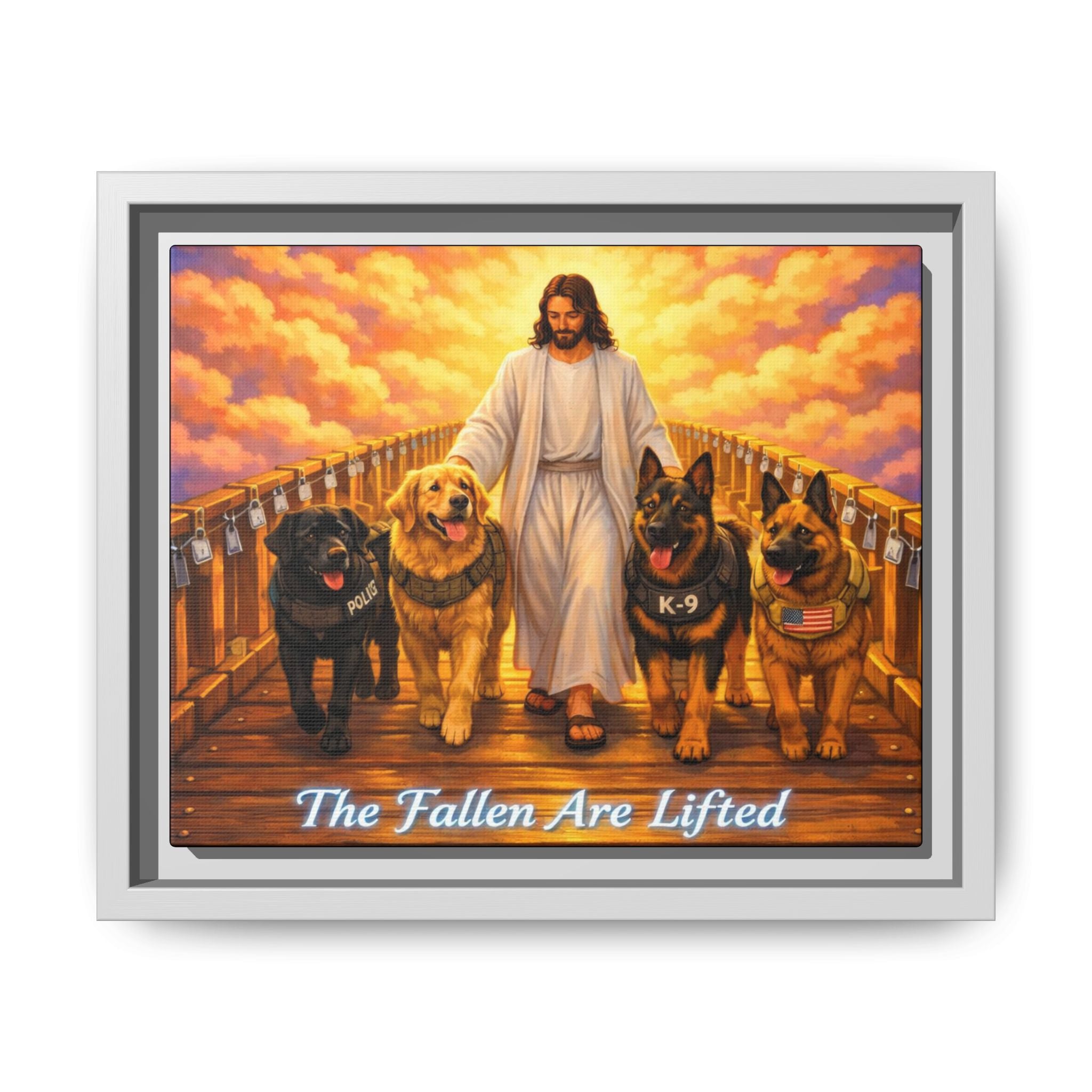 Framed Canvas Wall Art – “The Fallen Are Lifted” Jesus with K-9 Dogs Memorial Print