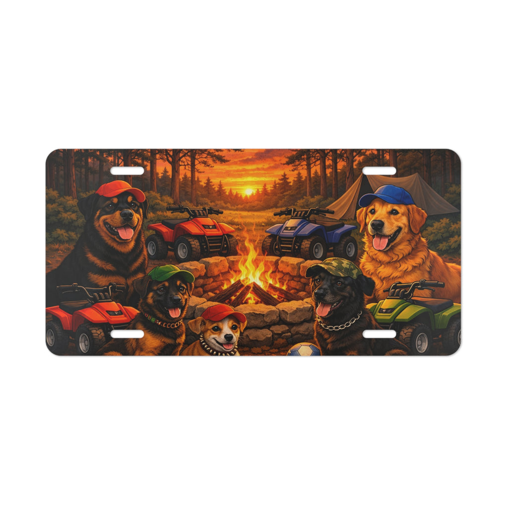 Camping Dogs Vanity Plate License Plate — Cute Campfire ATV Puppies Design