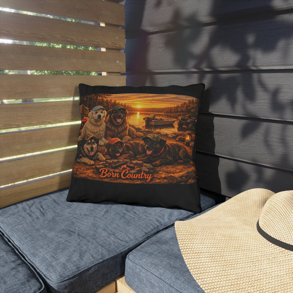 Born Country Campfire Dog Outdoor Throw Pillow — Rustic Lakehouse Decor