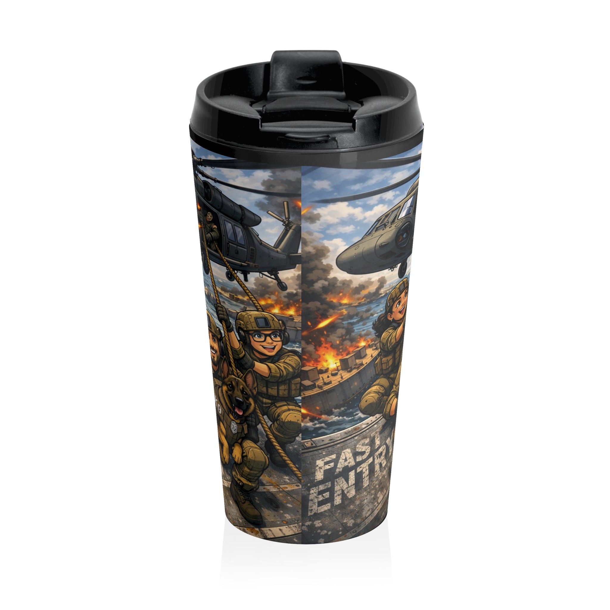Military Aviation Travel Mug — Fast-Entry Troops Combat Scene Stainless Steel Tumbler