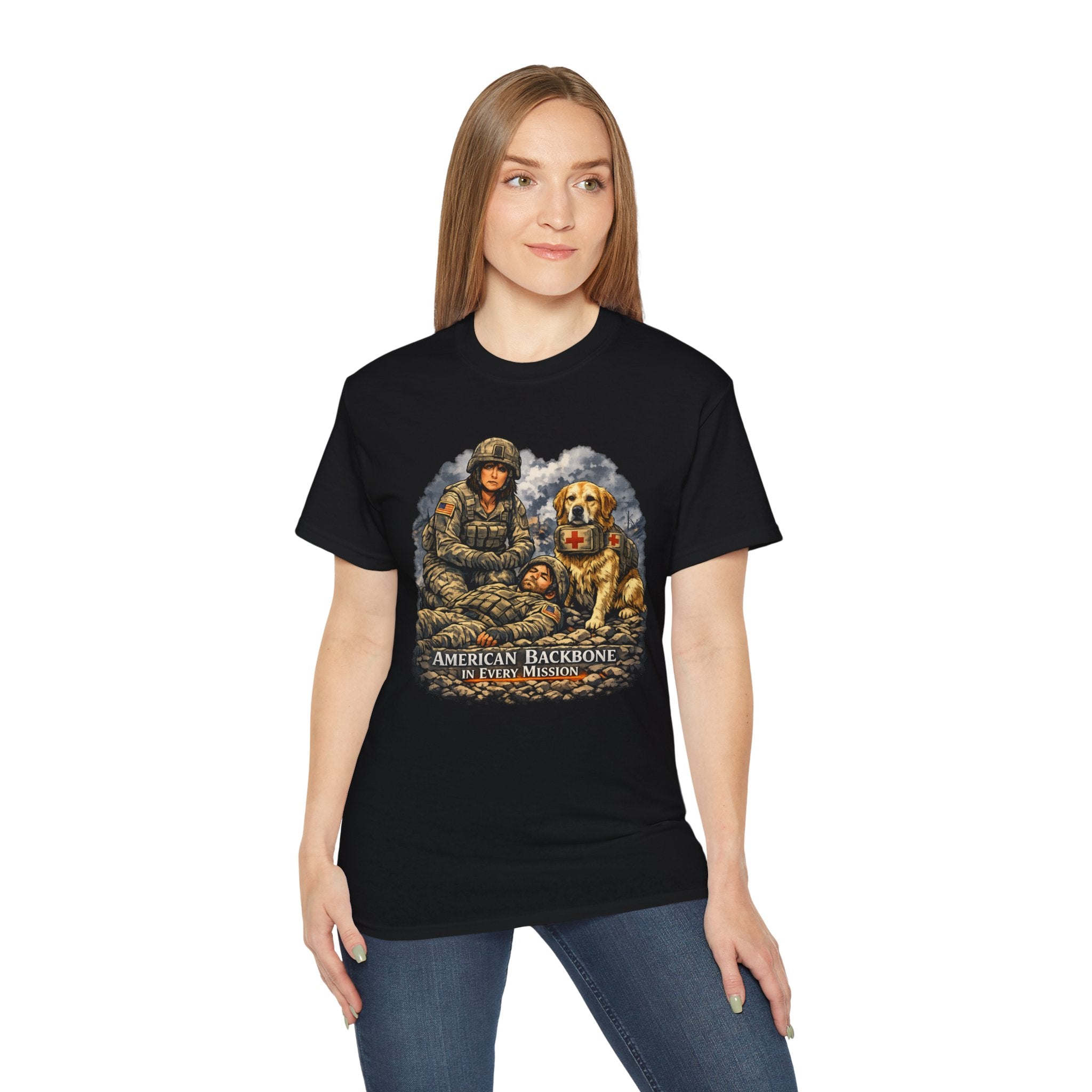 Military Veteran T‑Shirt – "American Backbone" Soldier & Service Dog Tribute Tee