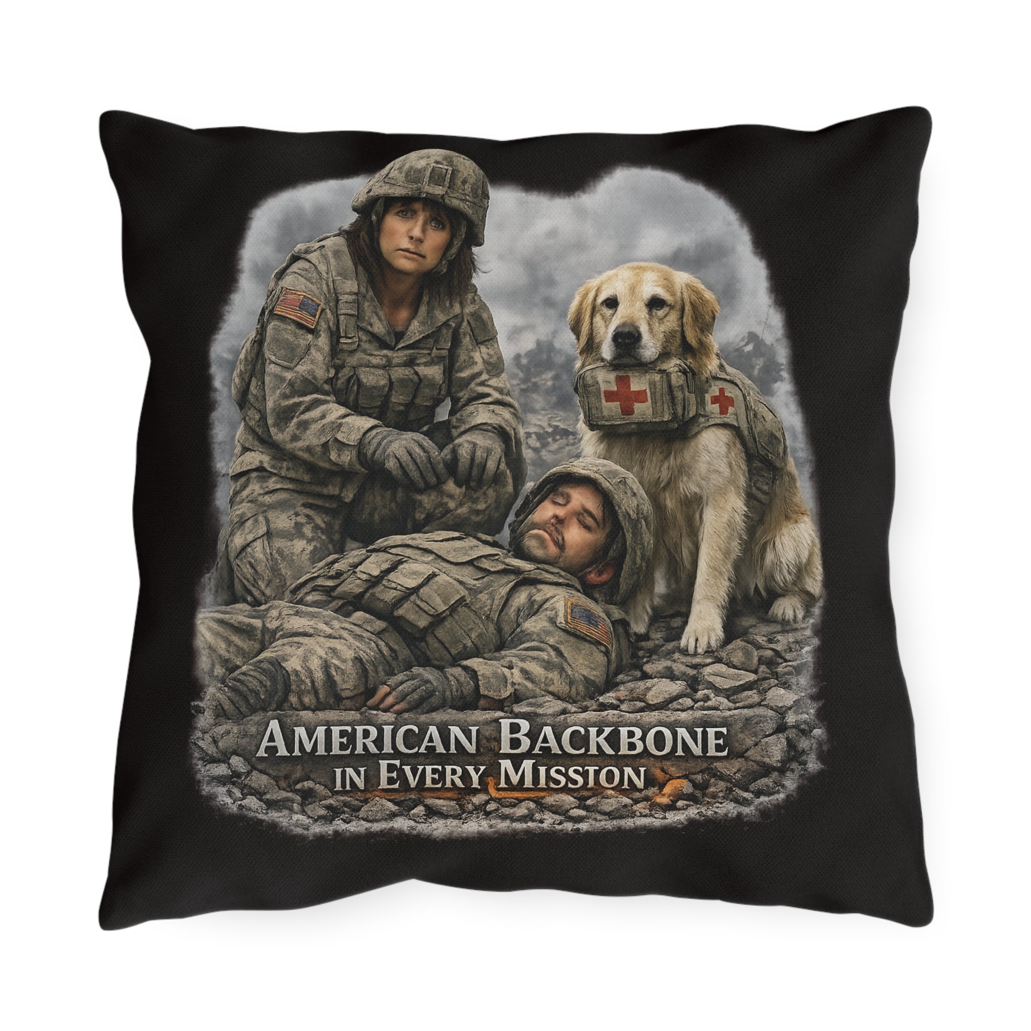 Military Rescue Dog Outdoor Pillow — "American Backbone in Every Mission" Tribute Throw Pillow