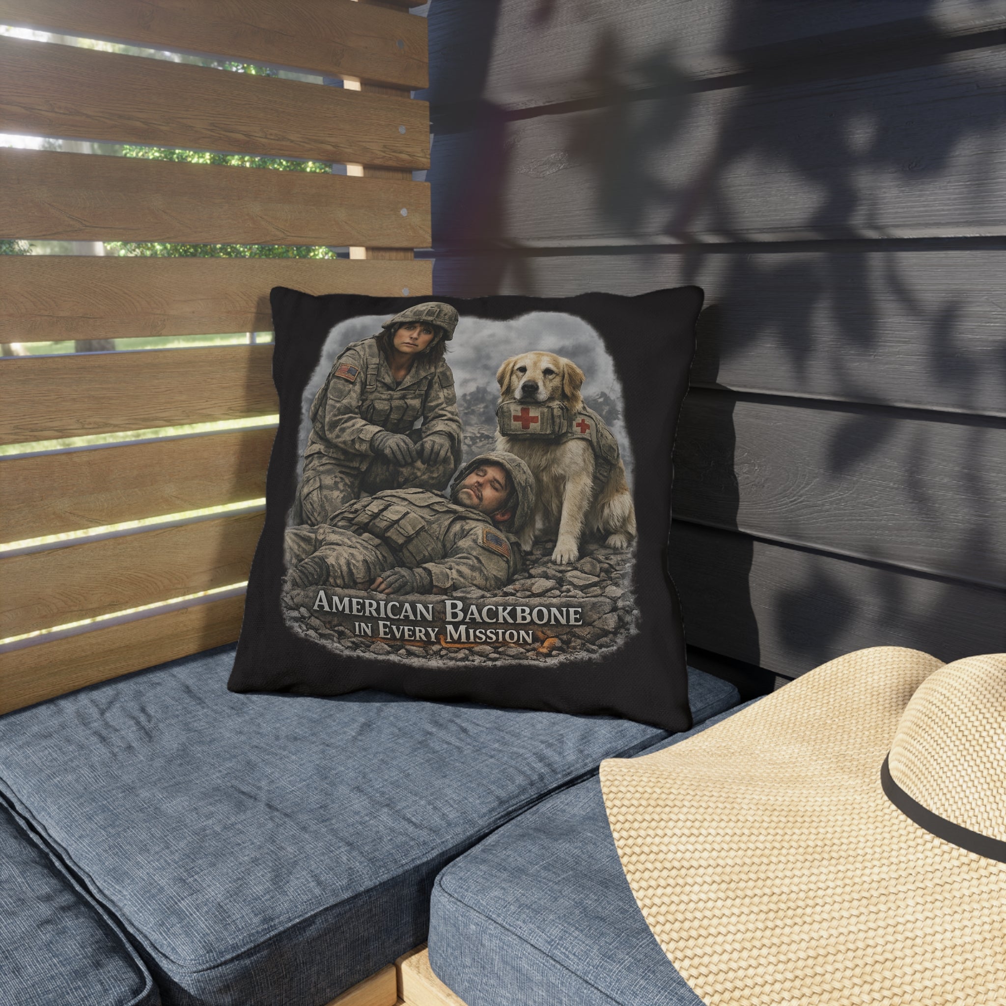Military Rescue Dog Outdoor Pillow — "American Backbone in Every Mission" Tribute Throw Pillow