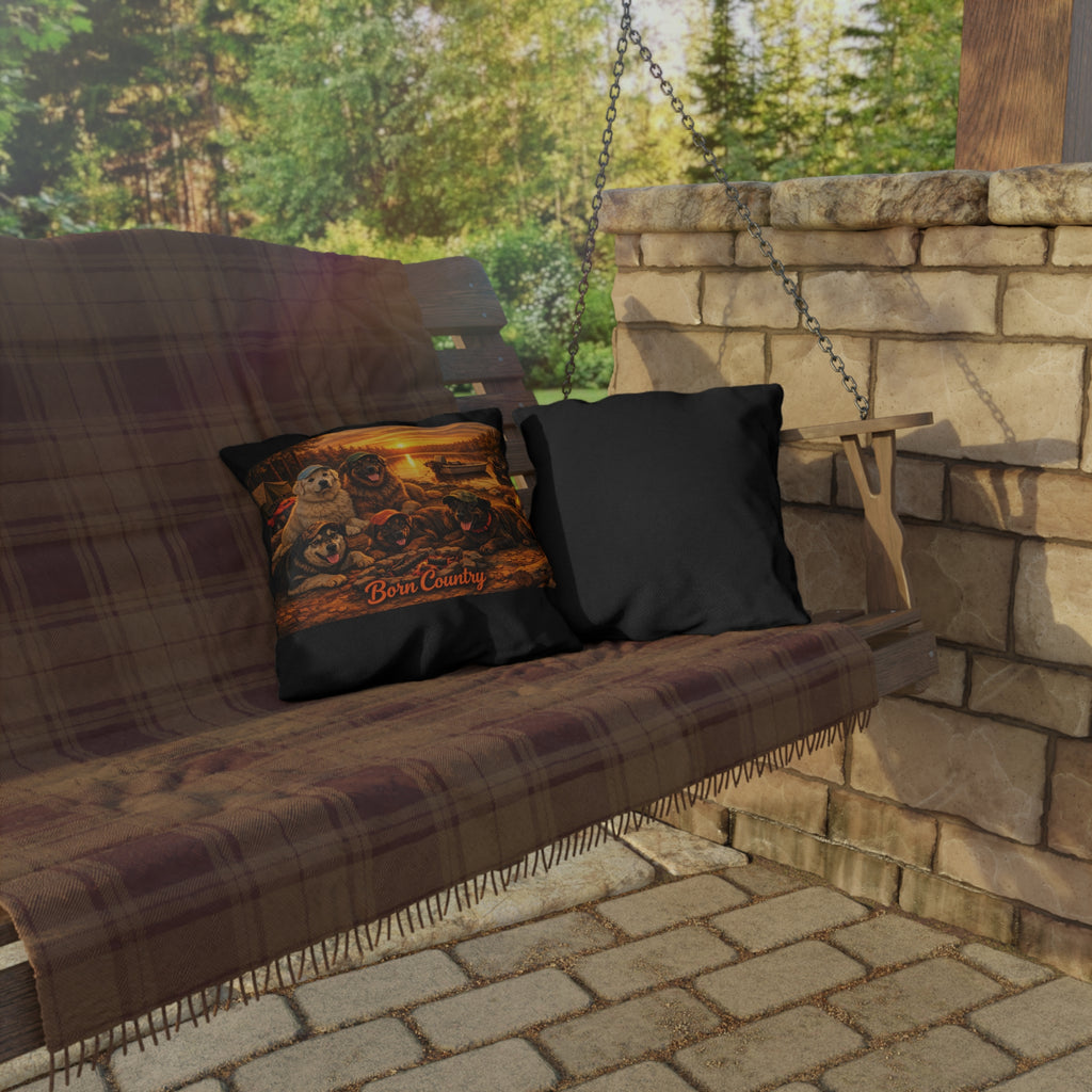 Born Country Campfire Dog Outdoor Throw Pillow — Rustic Lakehouse Decor
