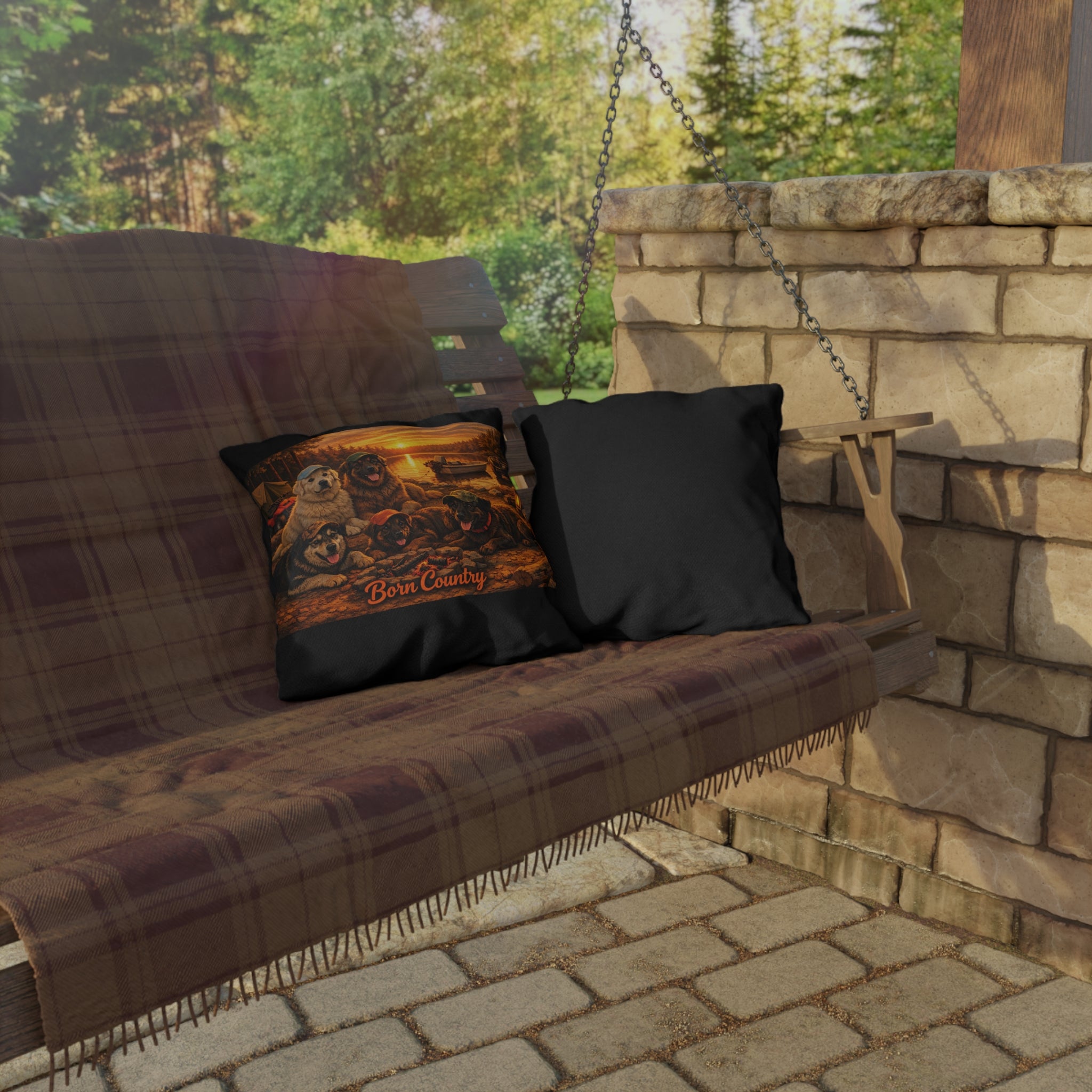 Born Country Campfire Dog Outdoor Throw Pillow — Rustic Lakehouse Decor