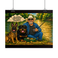 Raised on Freedom Poster — "God Bless the USA" Fishing Scene with Dogs