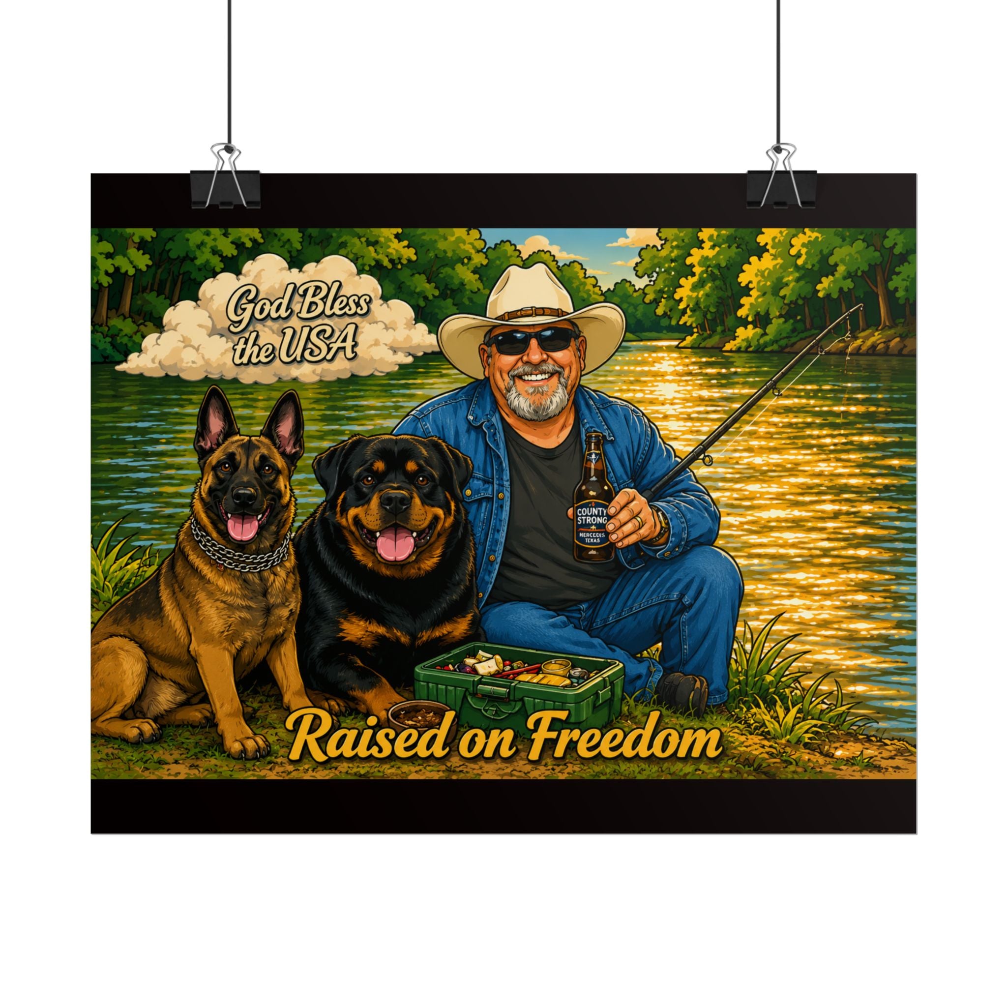 Raised on Freedom Poster — "God Bless the USA" Fishing Scene with Dogs