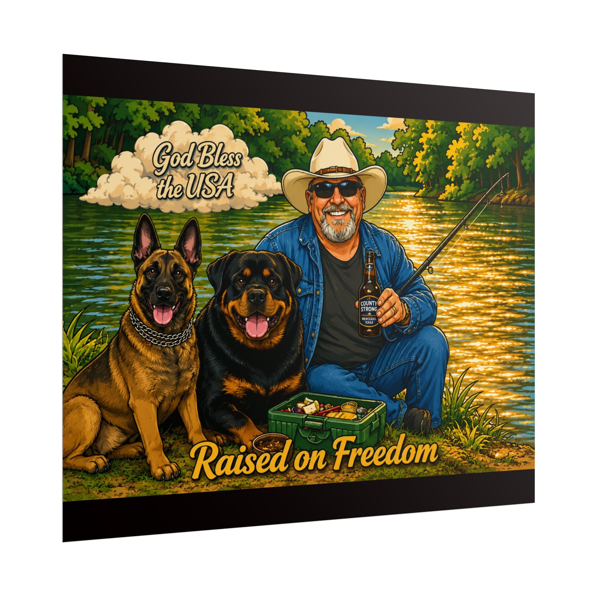 Raised on Freedom Poster — "God Bless the USA" Fishing Scene with Dogs
