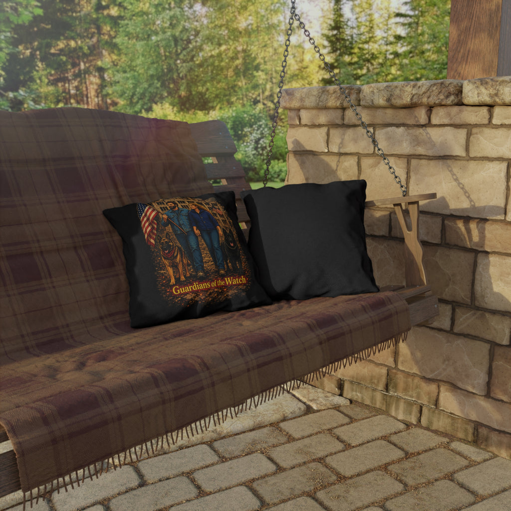Outdoor Pillow — "Guardians of the Watch" Patriotic Couple with German Shepherds