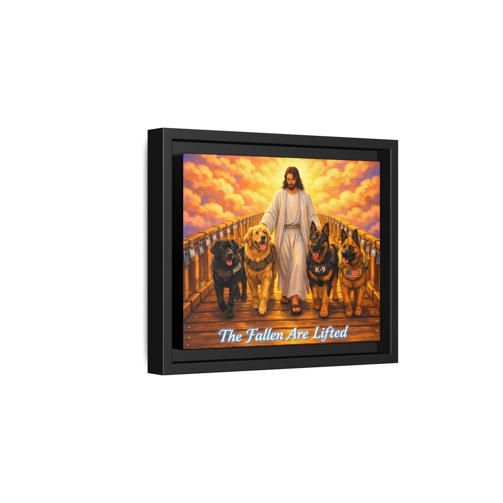 Framed Canvas Wall Art – “The Fallen Are Lifted” Jesus with K-9 Dogs Memorial Print