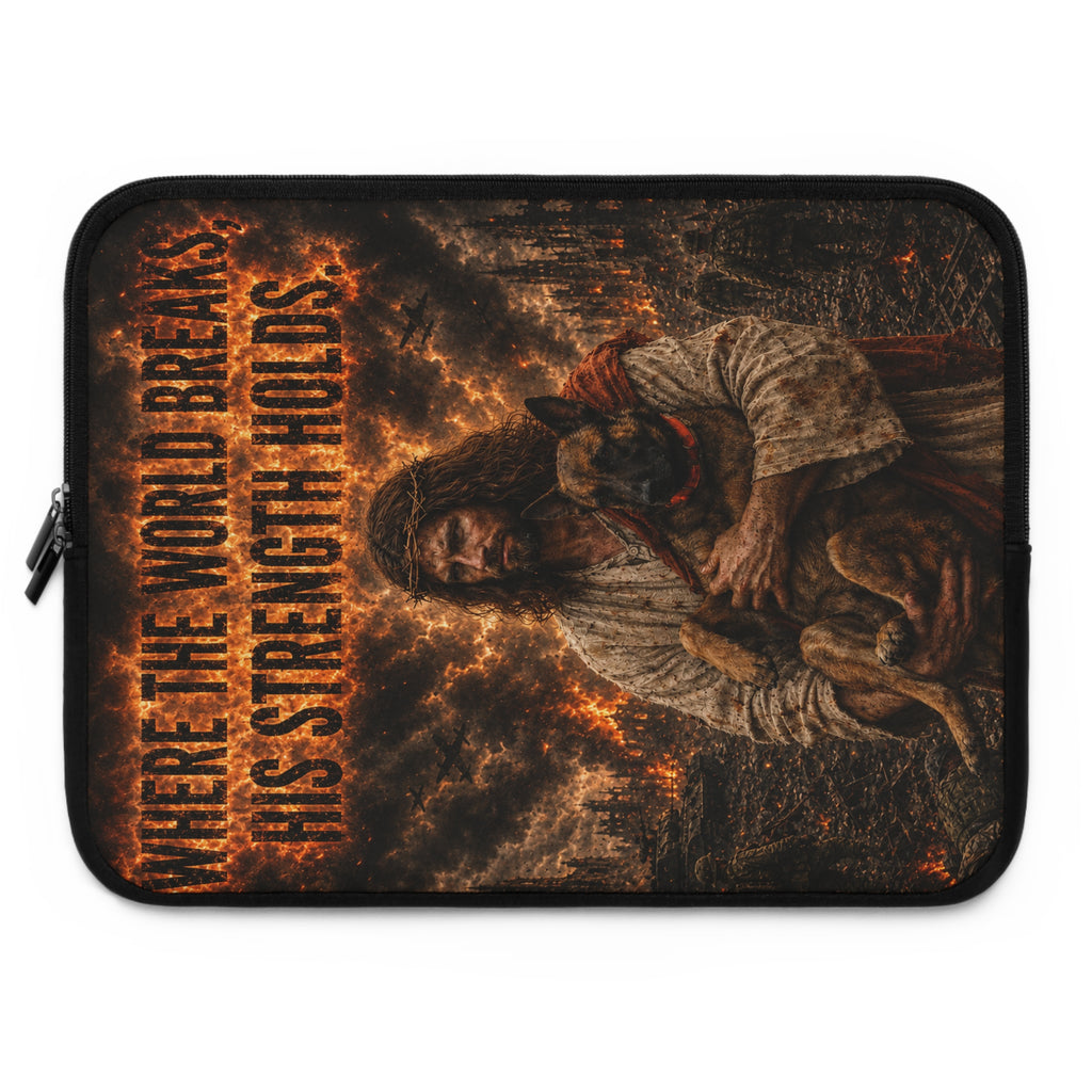 Jesus with Dog Laptop Sleeve — "Where the World Breaks, His Strength Holds" Christian Protective Sleeve