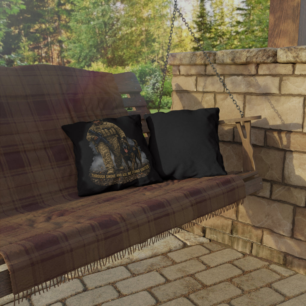 Tactical Soldier & K9 Outdoor Pillow — "Through Smoke and Ash, We Stand United"