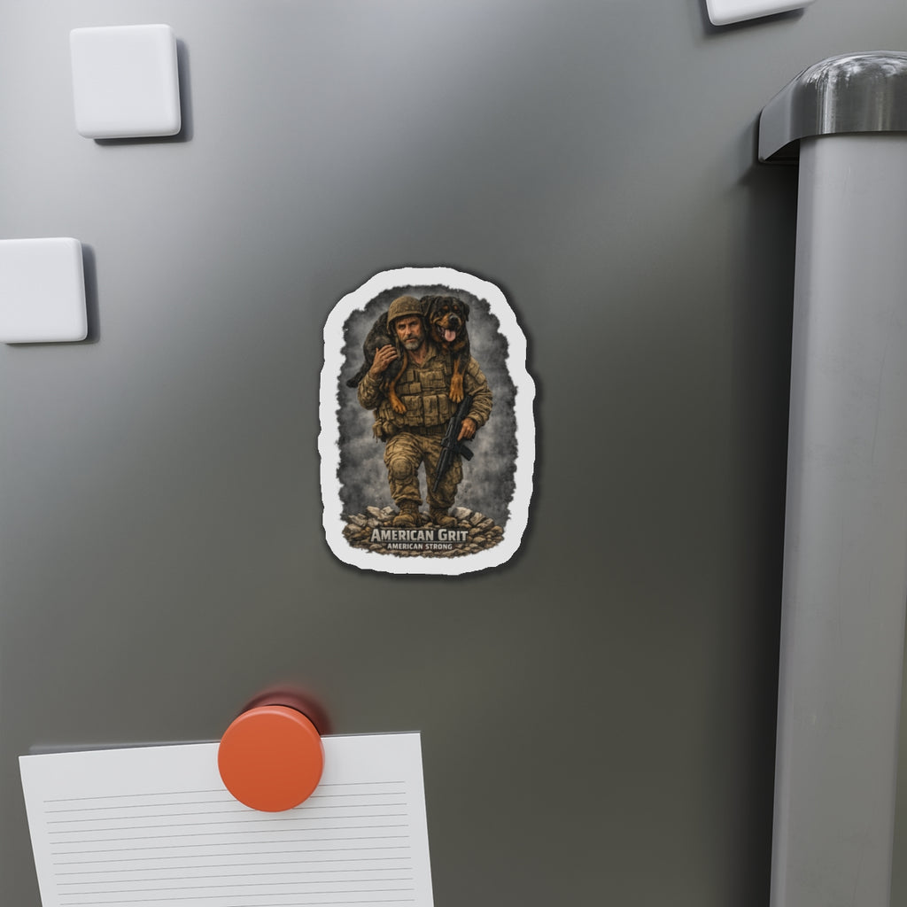 Die-Cut Magnet — "American Grit" Soldier Carrying Dog Military Tribute