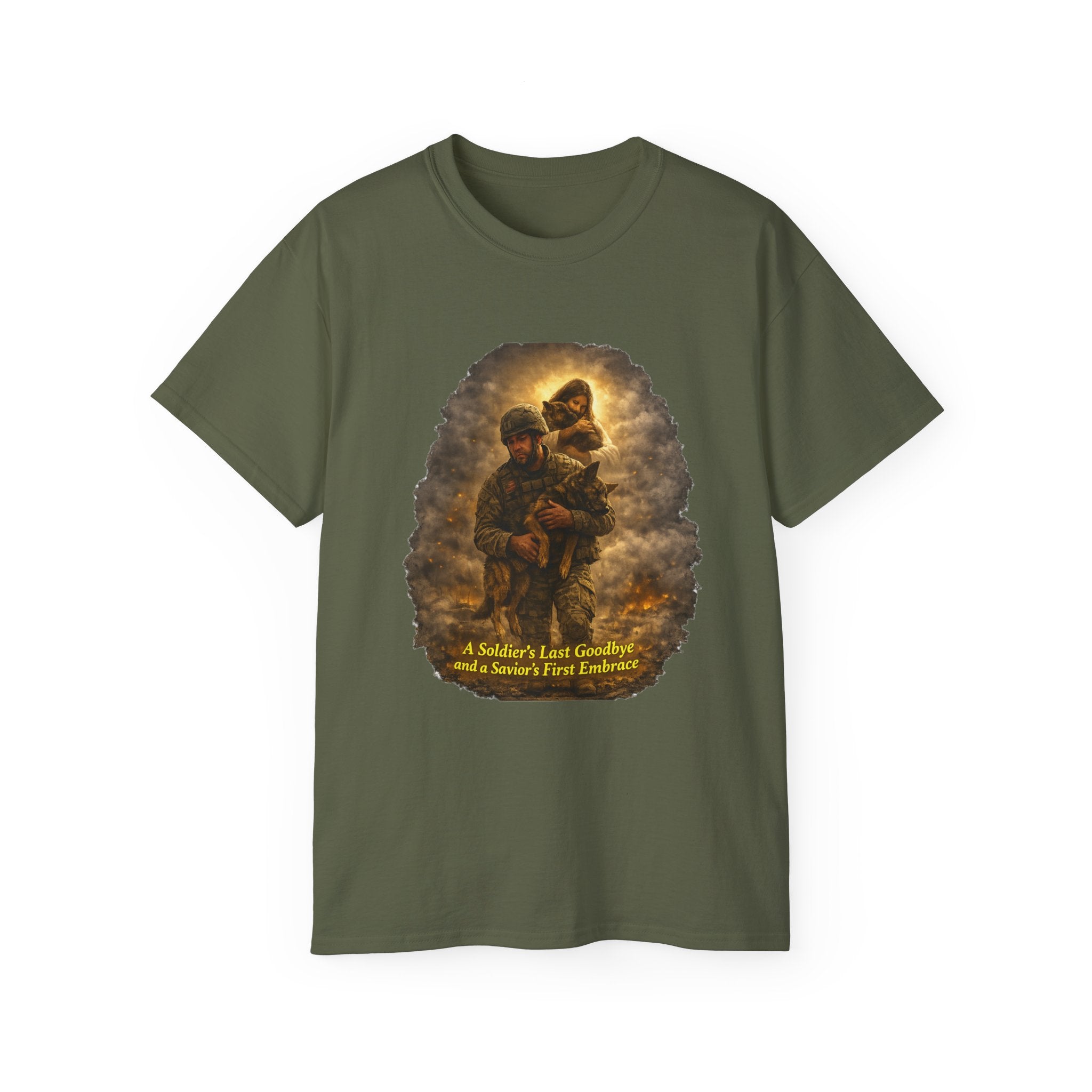 T-Shirt — "A Soldier's Last Goodbye and a Savior's First Embrace" Patriotic Military Tribute