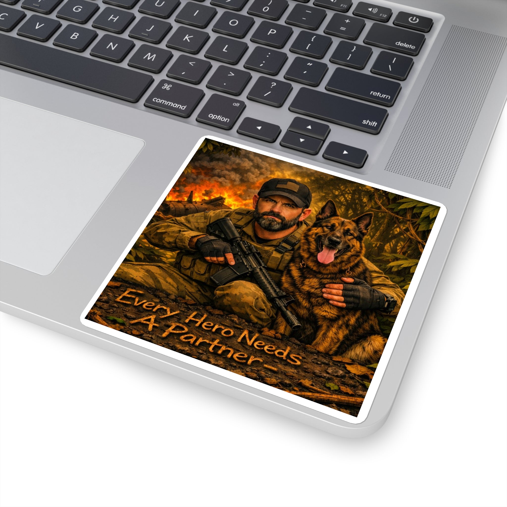 Square Sticker — 'Every Hero Needs a Partner' Military K9 Veteran Tribute