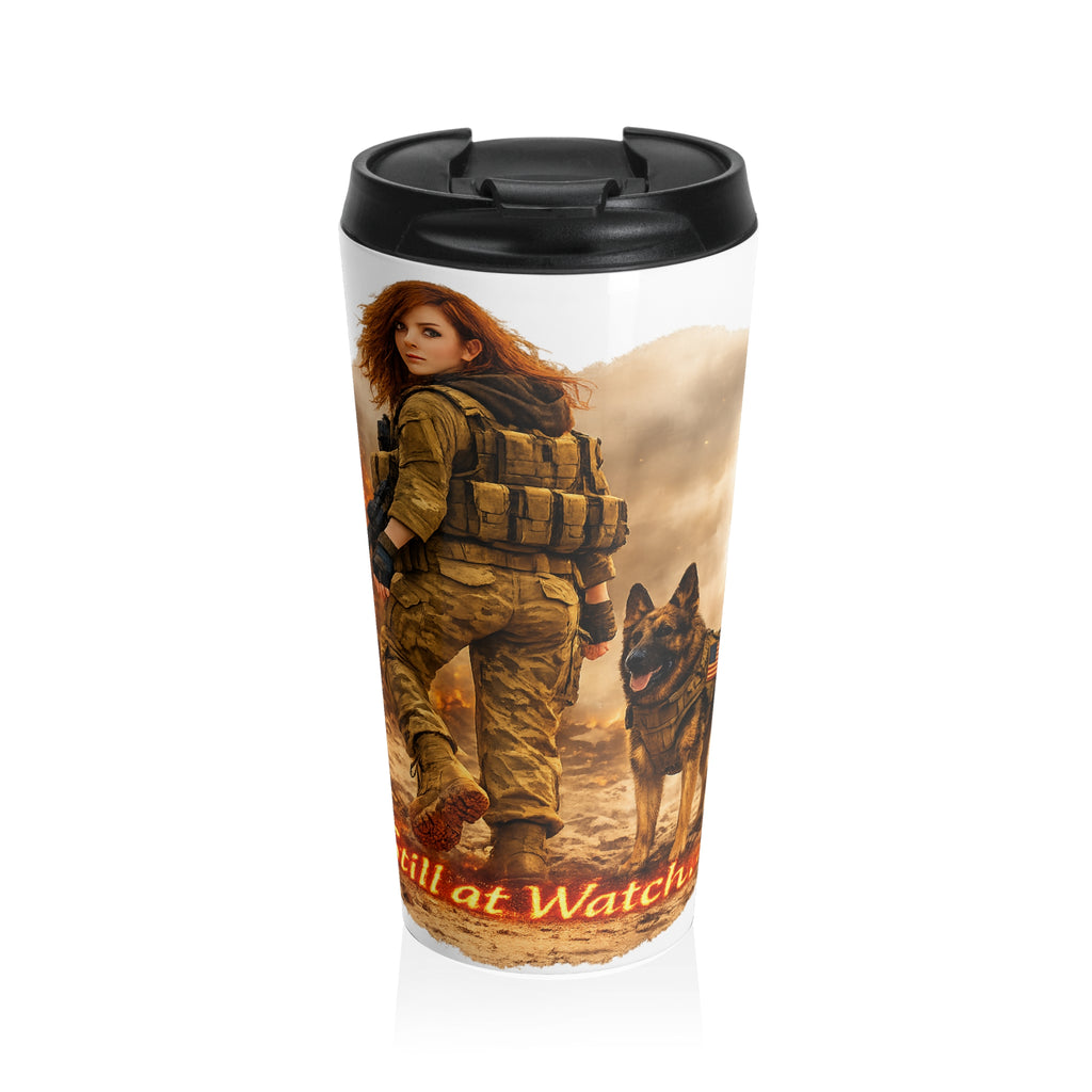 Travel Mug — Military Woman with K9 Patrol Stainless Steel Travel Mug