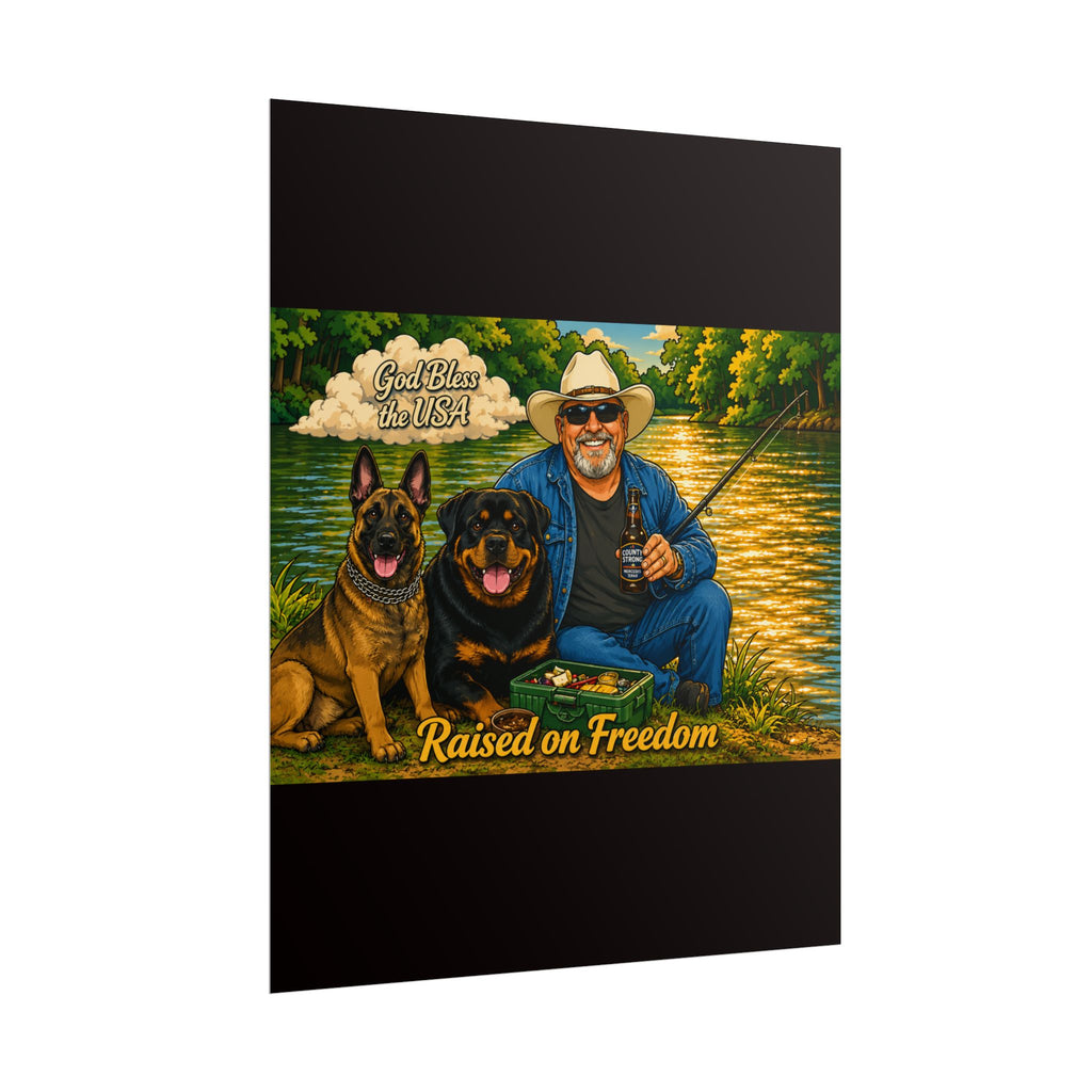 Raised on Freedom Poster — "God Bless the USA" Fishing Scene with Dogs
