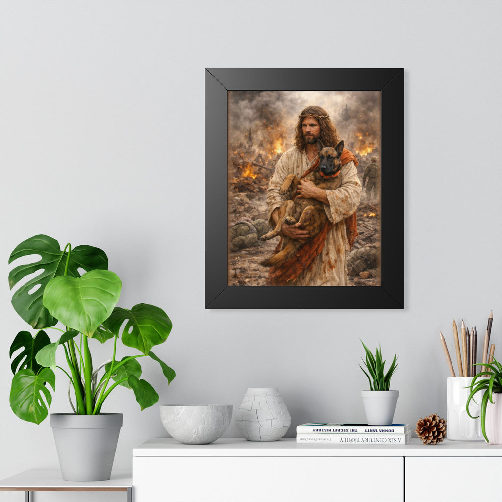 Framed Poster — Jesus Carrying a Dog, Christian Faith Wall Art