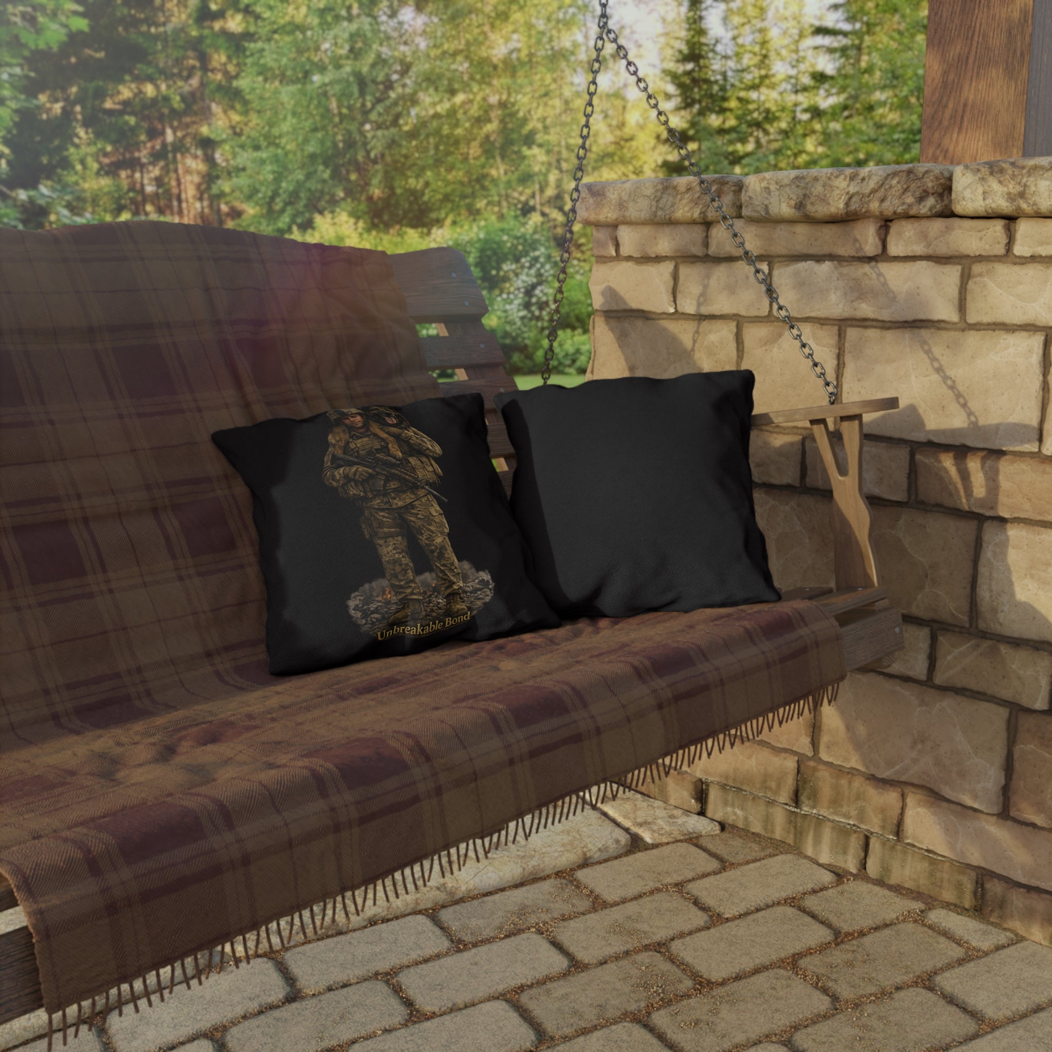 Military K9 Outdoor Pillow — Soldier & Dog “Unbreakable Bond” Throw Cushion